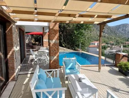 Villa For Sale In Marmaris Söğüt Village, With Magnificent Sea View, Swimming Pool, Parking, 3 Rooms, 1 Living Room, Garden, 200M2 Usage Area